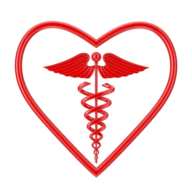 Foto símbolo de caduceu médico vermelho em forma de coração em um fundo branco. renderização 3d