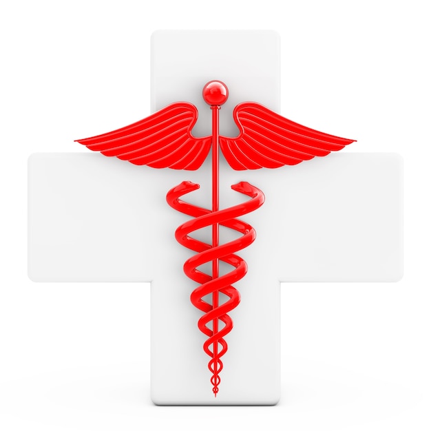 Símbolo de caduceu vermelho na frente da cruz branca em um fundo branco. Renderização 3D