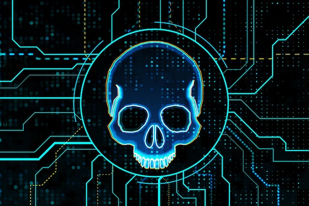 Símbolo de caveira azul brilhante, fundo de textura de tela escura, ataque de hackers e conceito de pirataria Renderização em 3D