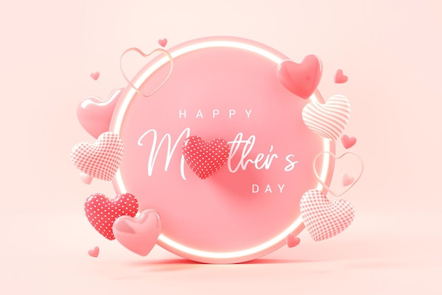 Símbolo de corações vermelhos e rosa no quadro de círculo com feliz dia das mães