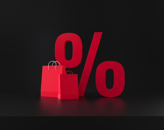 Símbolo de desconto percentual e sacolas de compras em fundo preto. Renderização 3D.
