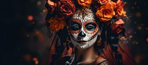 Símbolo de Dia de Los Muertos Garota assustadora com Calavera Catrina maquiagem em fundo preto Halloween