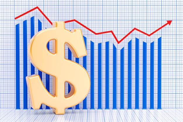 Símbolo de dólar com renderização 3D de gráfico em crescimento
