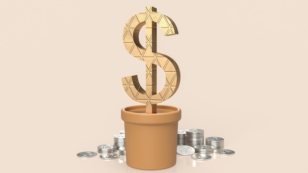 Símbolo de dólar de ouro na planta para renderização em 3d de conceito de negócios