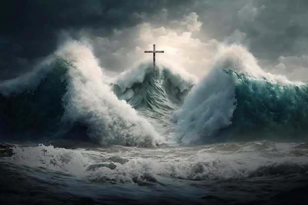 Símbolo de fé - as ondas do mar furioso quebram na cruz. IA gerada