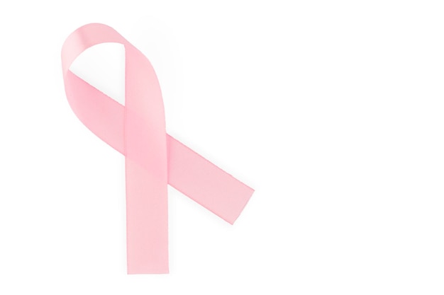 Símbolo de fita rosa de consciência social isolado em fundo branco vista superior espaço de cópia do dia mundial do câncer foto de alta qualidade