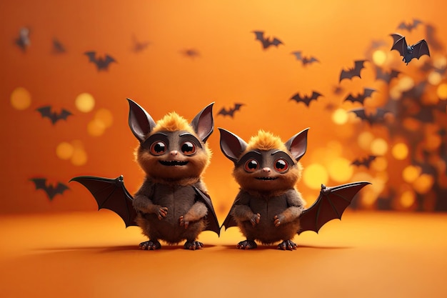 Símbolo de Halloween conceito horror grandes morcegos pretos em fundo laranja