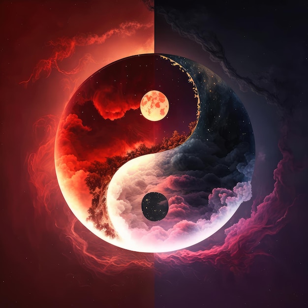 Símbolo de harmonia Yin Yang feito de elementos naturais Fogo Água Ying Yang Abstrato Generativo Ilustração AI