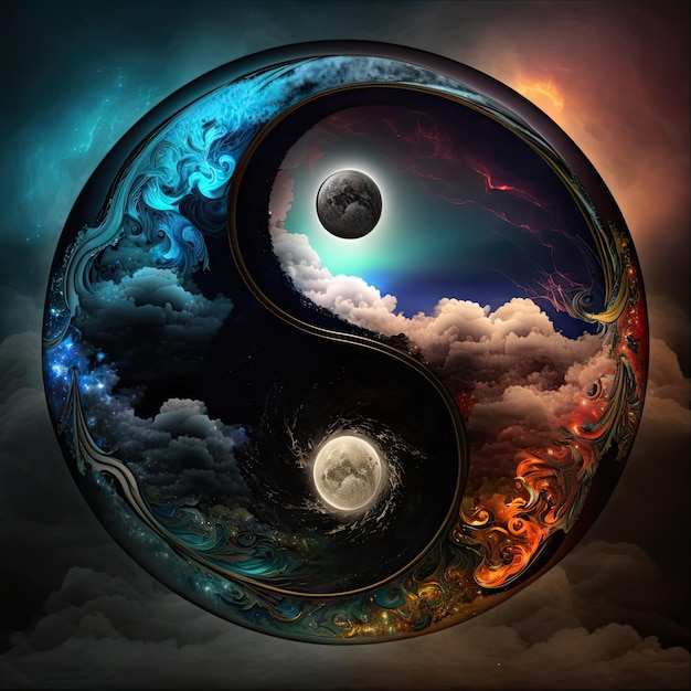 Símbolo de harmonia Yin Yang feito de elementos naturais Fogo Água Ying Yang Abstrato Generativo Ilustração AI