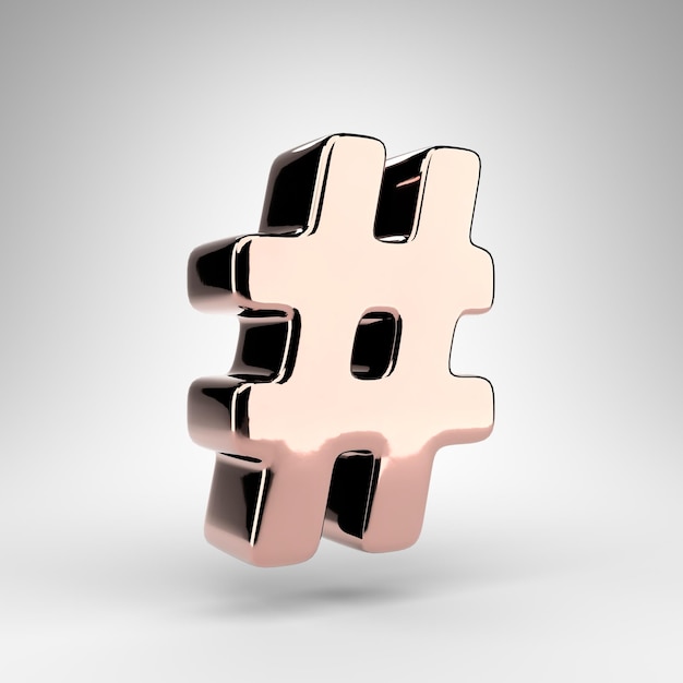 Foto símbolo de hashtag em fundo branco. ouro rosa 3d rendeu sinal com superfície de cromo brilhante.