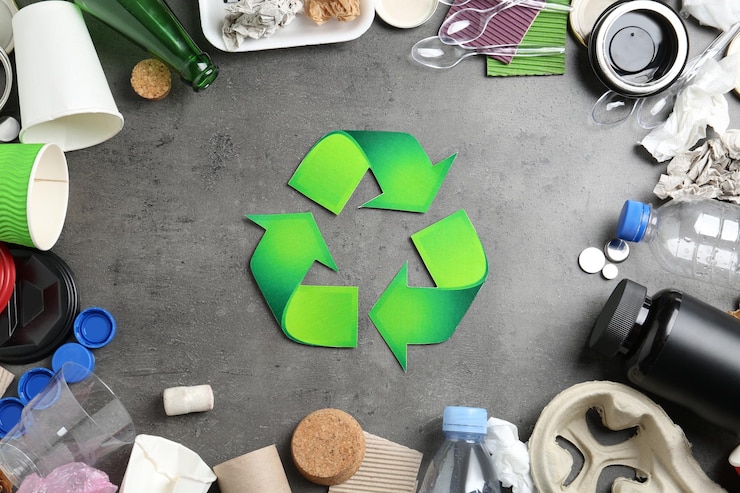 Foto símbolo de reciclagem e lixo diferente na vista superior de fundo cinza