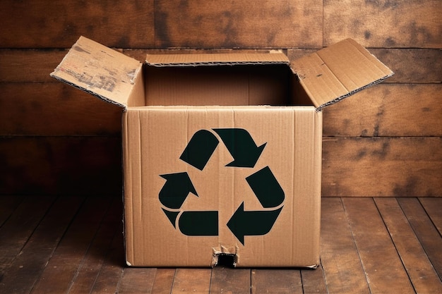 Símbolo de reciclagem em uma caixa de papelão criada com ai generativa