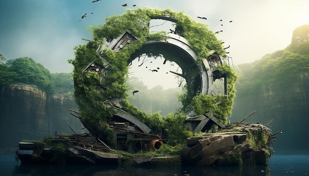 Foto símbolo de reciclagem feito de árvores, água e arbustos no estilo de cenários pós-apocalípticos