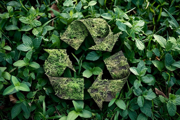 Símbolo de reciclagem feito de plantas e folhas verdes em fundo de grama