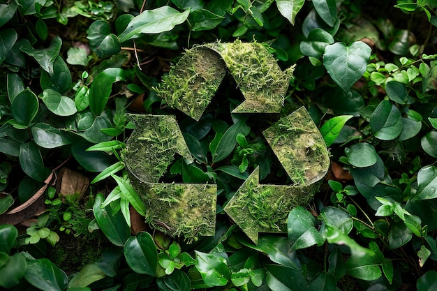 Símbolo de reciclagem feito de plantas e folhas verdes em fundo de grama