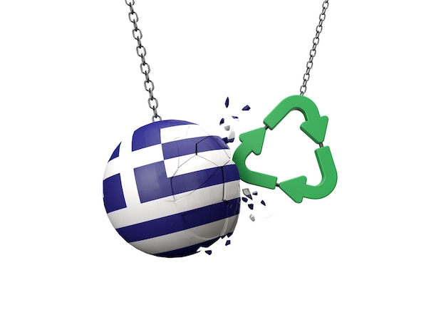 Símbolo de reciclagem verde colidindo com uma bola de bandeira da grécia d renderização