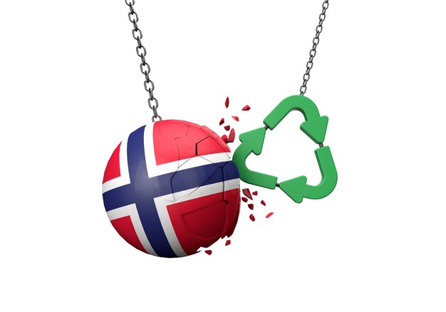 Símbolo de reciclagem verde colidindo com uma bola de bandeira da noruega d renderização