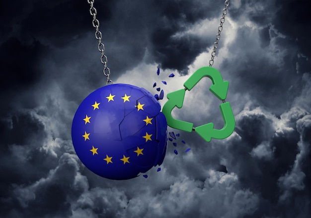 Foto símbolo de reciclagem verde colidindo com uma bola de bandeira da união europeia d renderização