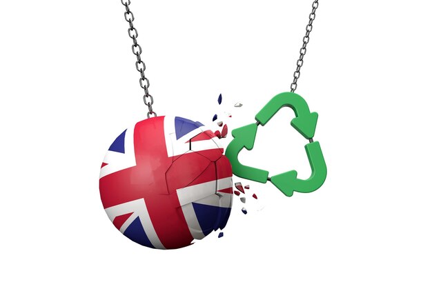 Símbolo de reciclagem verde colidindo com uma bola de bandeira do reino unido d renderização