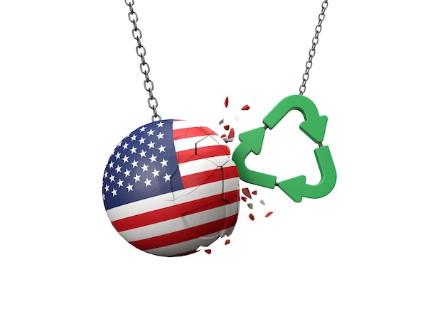 Símbolo de reciclagem verde colidindo com uma bola de bandeira dos EUA d renderização