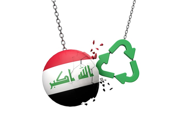 Símbolo de reciclagem verde colidindo com uma bola de bandeira iraniana d renderização