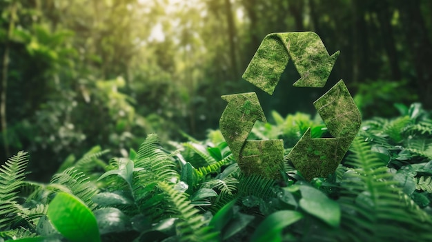 Foto símbolo de reciclagem verde do ciclo ecológico na floresta exuberante