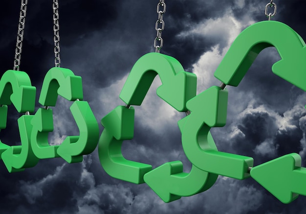 Símbolo de reciclagem verde pendurado em uma corrente contra nuvens escuras d renderização