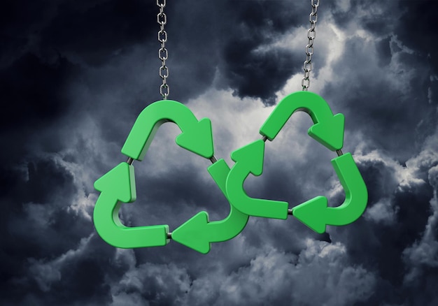 Símbolo de reciclagem verde pendurado em uma corrente contra nuvens escuras d renderização