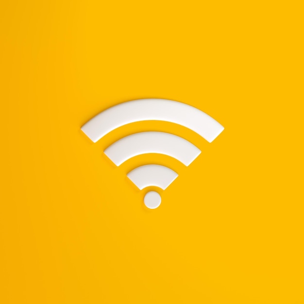 Símbolo de rede sem fio branco em fundo amarelo conceito de design de ícone Wi-Fi sinal Wi-Fi renderização 3D