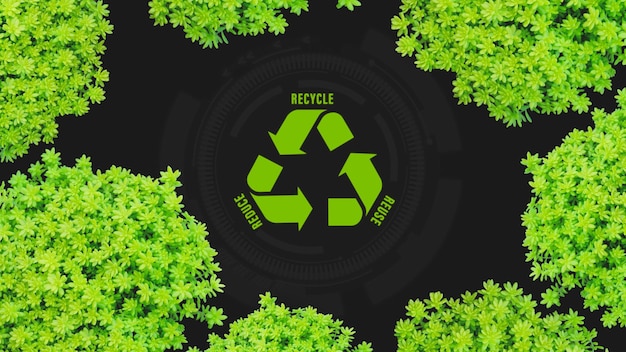 Foto símbolo de redução da reutilização e reciclagem em plantas verdes de fundo metáfora ecológica para a gestão ecológica dos resíduos e um estilo de vida sustentável e econômico