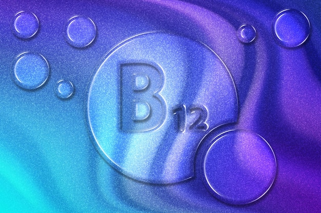Símbolo de saúde da vitamina B12, conceito de vitamina, cianocobalamina, hidroxocobalamina, metilcobalamina, adenosilcobalamina, metabolismo, formação de glóbulos vermelhos, fundo azul violeta violeta