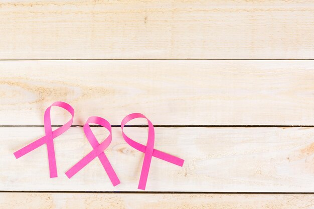 Símbolo de saúde das mulheres em fita rosa na placa de madeira.