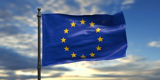 Símbolo de sinal da UE Bandeira da União Europeia acenando em um poste céu azul com ilustração 3d de fundo de nuvens