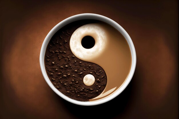 Símbolo de Yinyang na xícara de café no fundo marrom