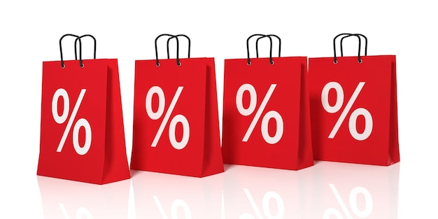 símbolo de descuento de renderizado 3d en bolsas de compras