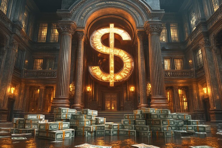 Símbolo de dinero en el Gran Salón con pilas de dinero en efectivo