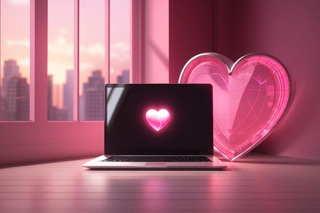 Foto símbolo do coração e laptop com conceito de luz de janela rosa renderização em 3d