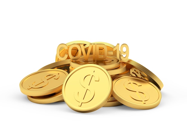 Símbolo do coronavírus Covid-19 em uma pilha de moedas de ouro