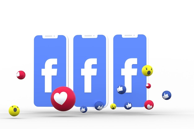 Símbolo do Facebook na tela do smartphone ou celular e reações do facebook amor, uau, como emoji 3d render