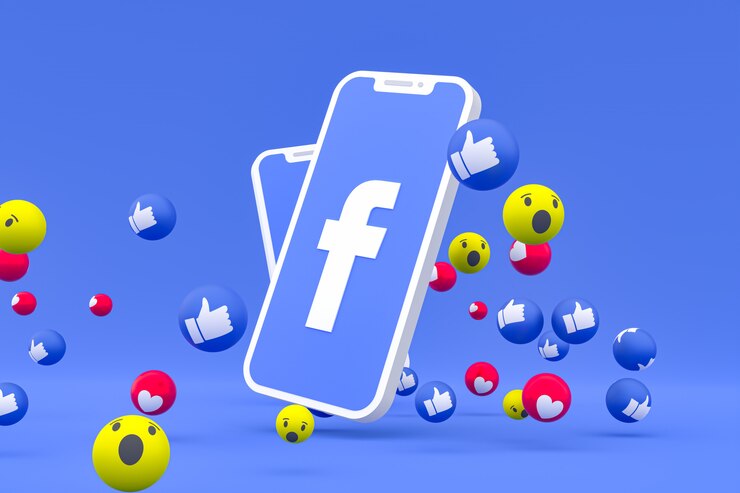 Foto símbolo do facebook na tela smartphone ou celular e reações no facebook amor, uau, como emoji render 3d