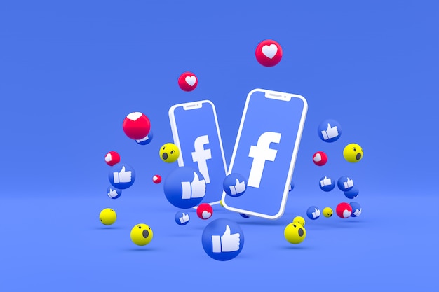 Símbolo do Facebook na tela smartphone ou celular e reações no Facebook amor, uau, como emoji render 3d