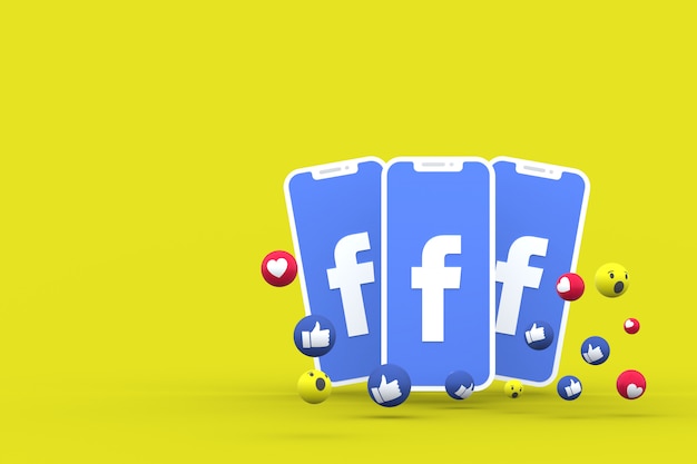 Símbolo do Facebook na tela smartphone ou celular e reações no Facebook amor, uau, como emoji render 3d