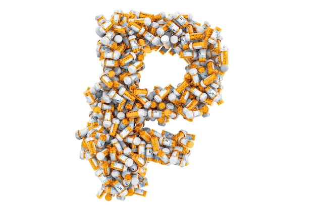 Símbolo do rublo de garrafas médicas com renderização 3D de drogas