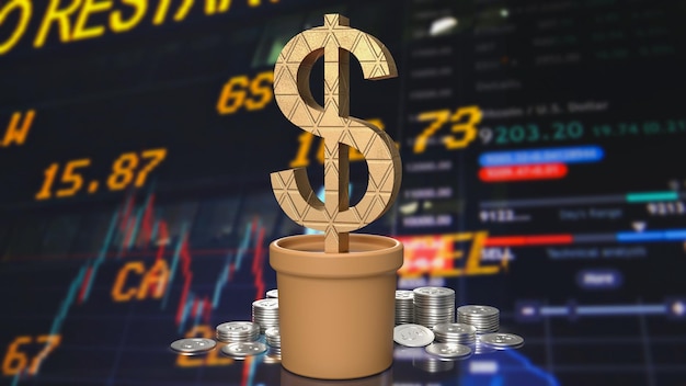 El símbolo del dólar de oro en la planta en la representación 3d de los antecedentes comerciales