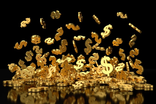 Foto símbolo de dólar de oro volando antigravedad.