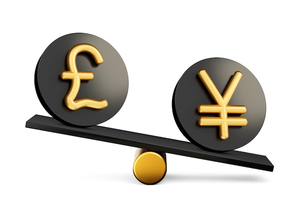 Símbolo dourado da libra e do iene 3d em ícones pretos arredondados com ilustração 3d da gangorra do peso do equilíbrio 3d