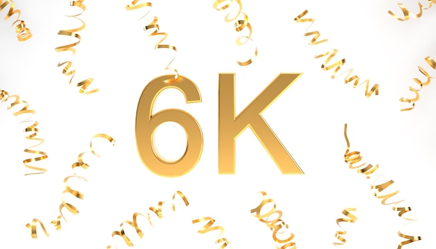 Foto símbolo dourado de seguidores de 6k com confete para celebração renderização em 3d