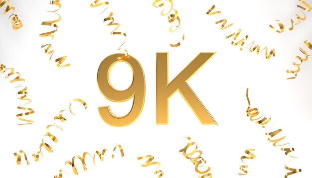 Foto símbolo dourado de seguidores de 9k com confete para celebração renderização em 3d