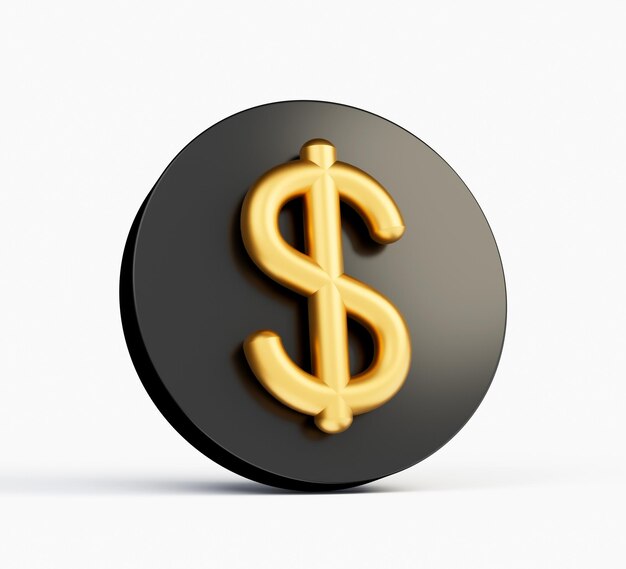 Símbolo dourado do dólar 3d no ícone preto arredondado isolado na ilustração 3d do fundo branco