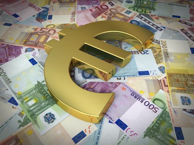 Símbolo dourado do euro nas notas de euro (close-up)